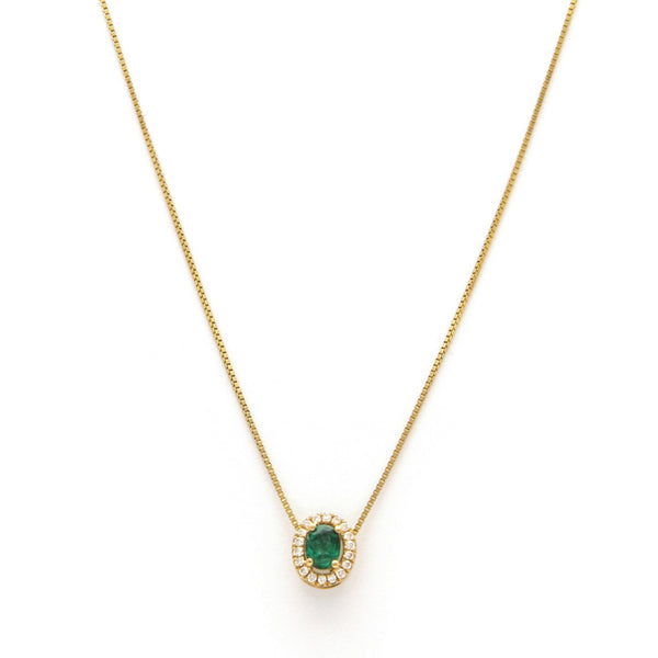 Gargantilla eslabón cuadrado cruzado y dije diseño especial con diamantes y esmeralda en oro amarillo 14 kilates.