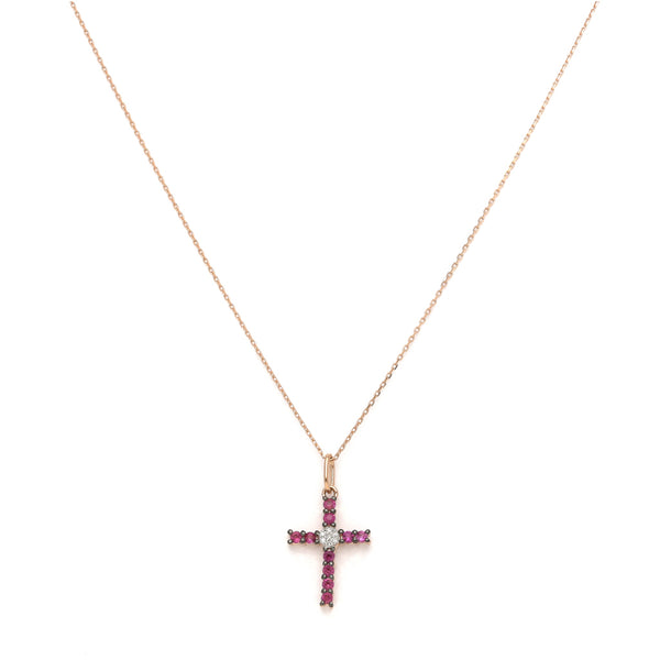 Gargantilla eslabón cruzado y cruz diseño especial con diamantes y rubí en oro rosa 14 kilates.