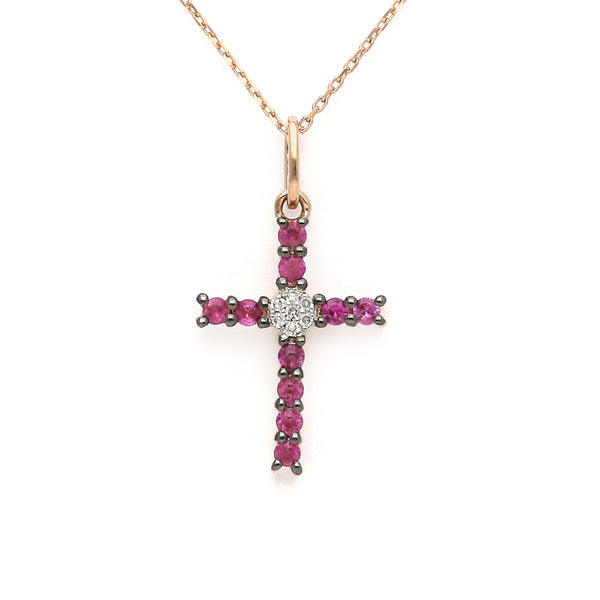 Gargantilla eslabón cruzado y cruz diseño especial con diamantes y rubí en oro rosa 14 kilates.