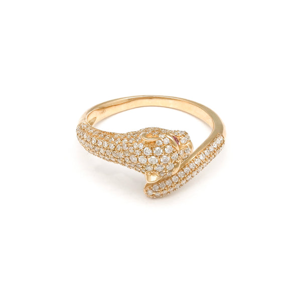 Anillo diseño especial con diamantes y rubíes motivo pantera en oro amarillo 14 kilates.