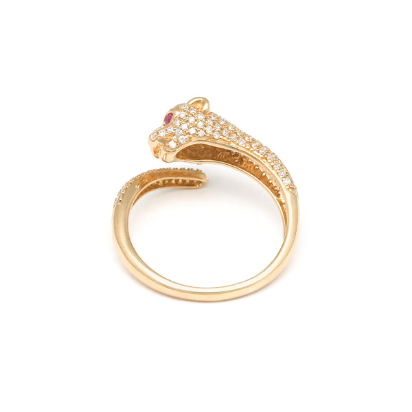 Anillo diseño especial con diamantes y rubíes motivo pantera en oro amarillo 14 kilates.