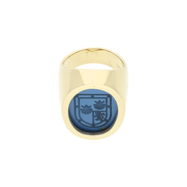 Anillo tipo sello con sintético en oro amarillo 14 kilates.