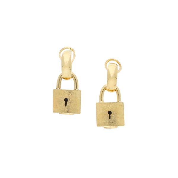 Aretes diseño especial motivo candado en oro amarillo 14 kilates.