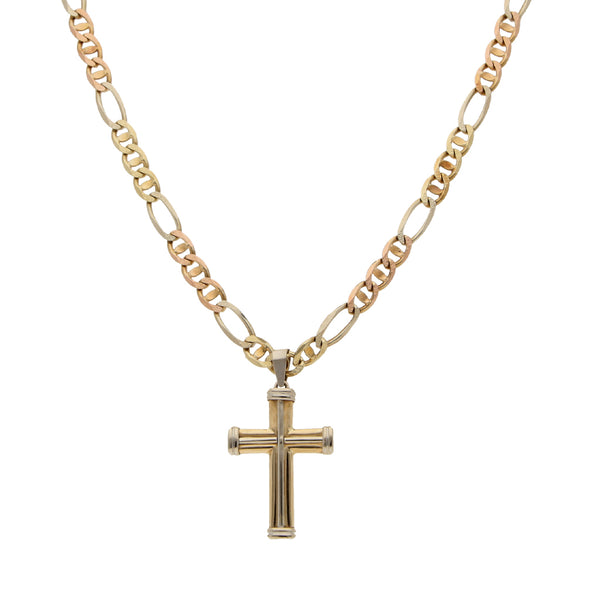 Collar eslabón combinado y cruz diseño especial en oro tres tonos 14 kilates.