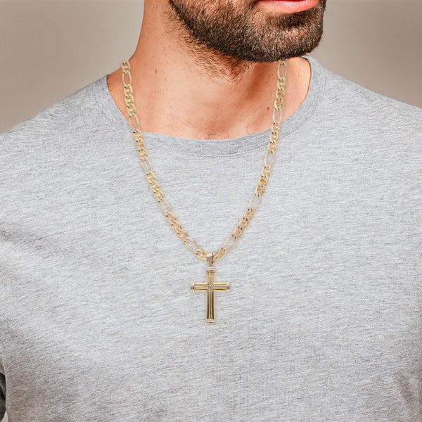 Collar eslabón combinado y cruz diseño especial en oro tres tonos 14 kilates.