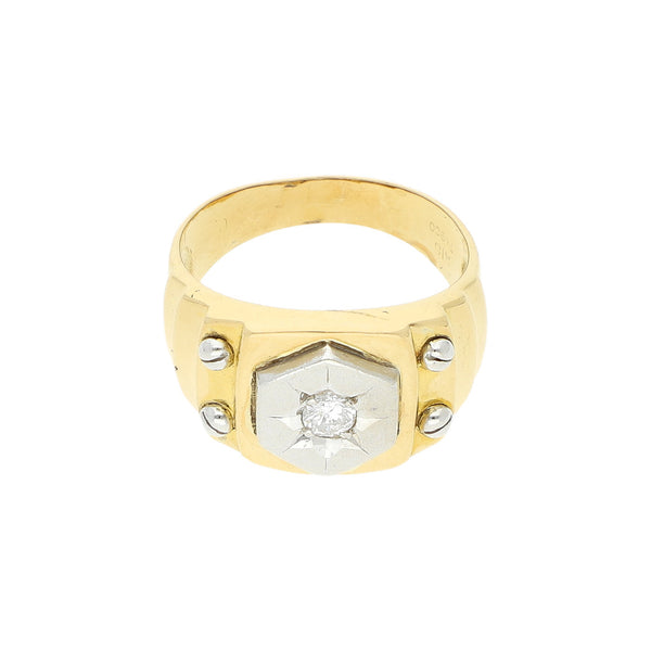 Anillo diseño especial con diamante y platino en oro amarillo 18 kilates.