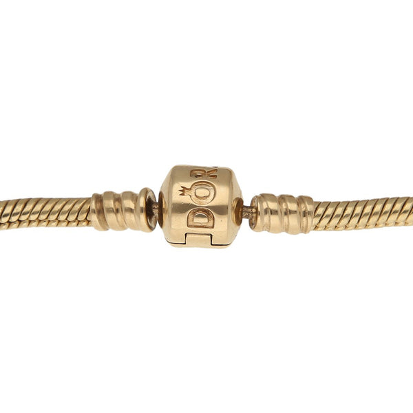 Pulsera eslabón cola de ratón con colgantes y diamantes firma Pandora en oro dos tonos 14 kilates.
