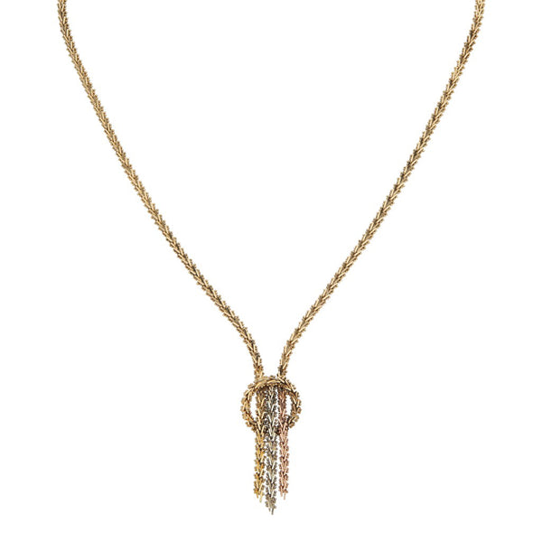 Collar eslabón boleado con colgante en oro tres tonos 14 kilates.