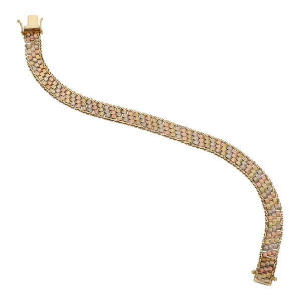 Pulsera eslabón boleado en oro tres tonos 14 kilates.
