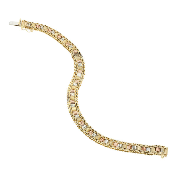 Pulsera eslabón boleado en oro tres tonos 14 kilates.
