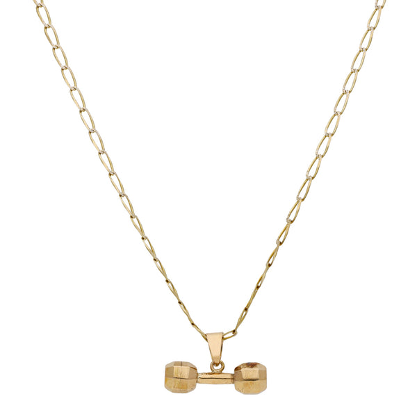 Collar eslabón encontrado platinado con dije diseño especial motivo pesa en oro dos tonos 14 kilates.