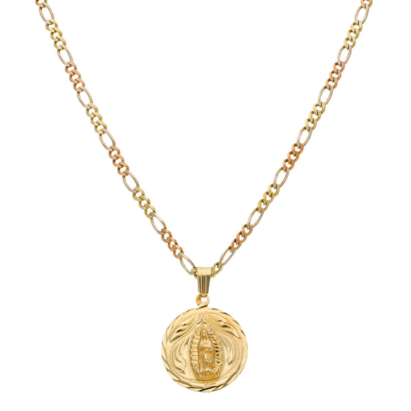 Collar de tres eslabones por uno y medalla imagen doble motivo Virgen de Guadalupe y Divino Rostro en oro dos tonos 14 kilates.