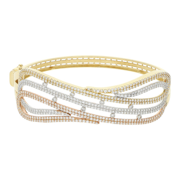 Pulsera de arillo articulada con circonias en oro tres tonos 14 kilates.