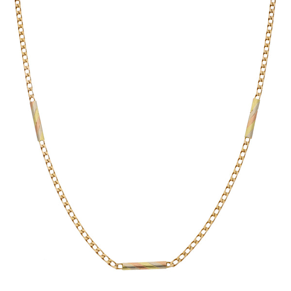 Collar eslabón encontrado con aplicaciones de barras en oro tres tonos 14 kilates.