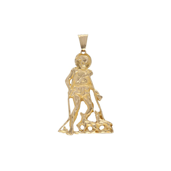 Medalla diseño especial motivo San Lázaro en oro amarillo 14 kilates.