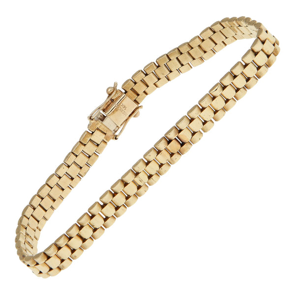 Pulsera eslabón articulado con aplicación motivo corona en oro amarillo 14 kilates.