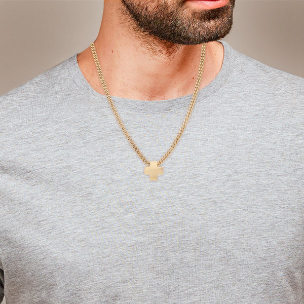 Collar eslabón encontrado y cruz lisa en oro amarillo 14 kilates.