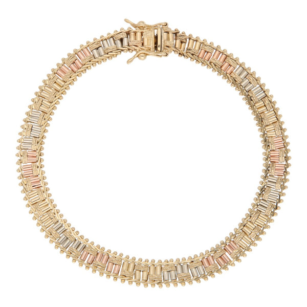 Pulsera eslabón boleado en oro tres tonos 14 kilates.