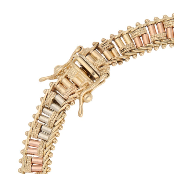 Pulsera eslabón boleado en oro tres tonos 14 kilates.
