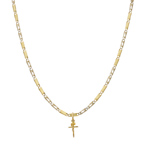 Collar eslabón combinado y crucifijo diseño especial en oro dos tonos 14 kilates.