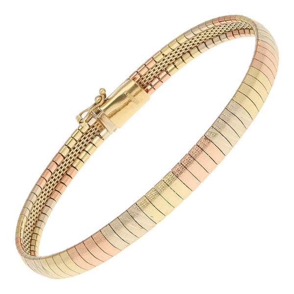 Pulsera eslabón laminado en oro tres tonos 14 kilates.