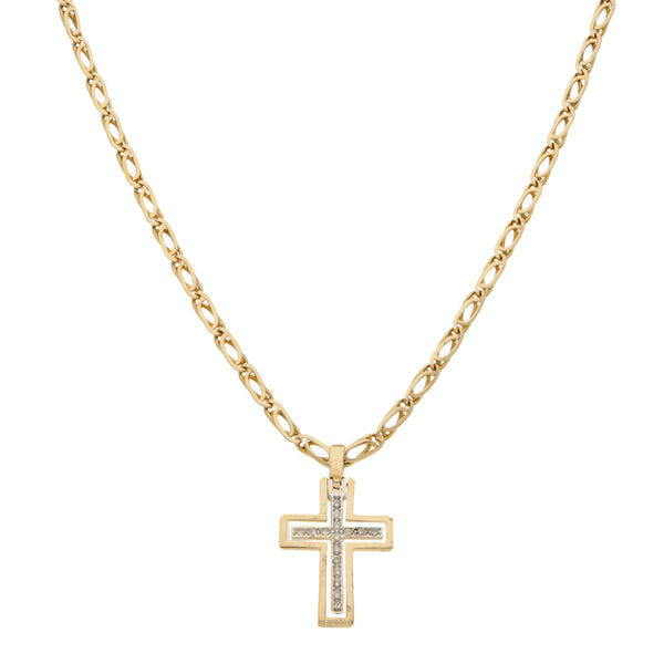 Collar eslabón nudo egipcio y cruz articulada con sintéticos en oro amarillo 14 kilates.