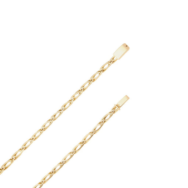 Collar eslabón nudo egipcio y cruz articulada con sintéticos en oro amarillo 14 kilates.