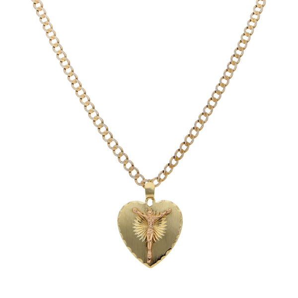 Collar eslabón encontrado platinado y medalla motivo cristo en oro dos tonos 14 kilates.
