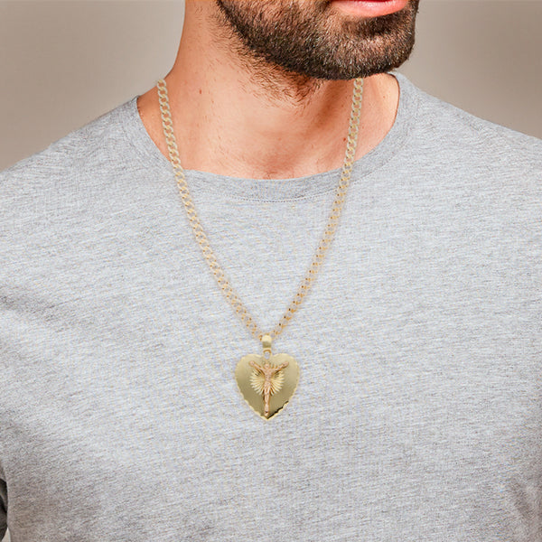 Collar eslabón encontrado platinado y medalla motivo cristo en oro dos tonos 14 kilates.
