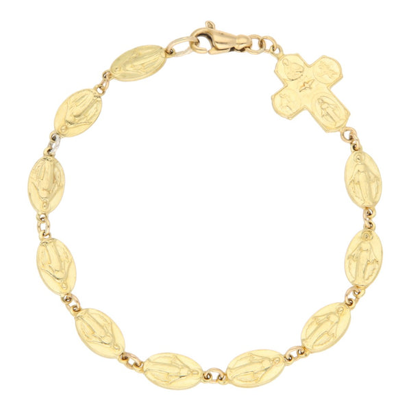 Pulsera eslabón cruzado con aplicaciones motivo imágenes religiosas en oro amarillo 18 kilates.