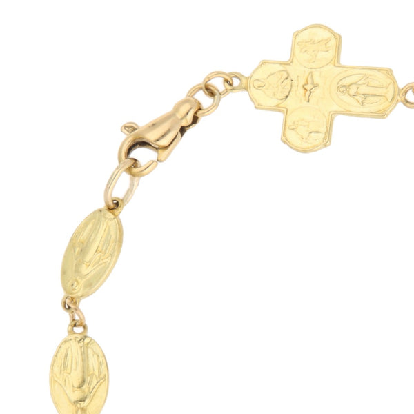 Pulsera eslabón cruzado con aplicaciones motivo imágenes religiosas en oro amarillo 18 kilates.