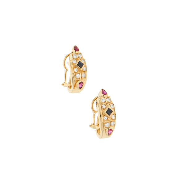Aretes diseño especial con diamantes, rubíes y zafiros en oro amarillo 16 kilates.
