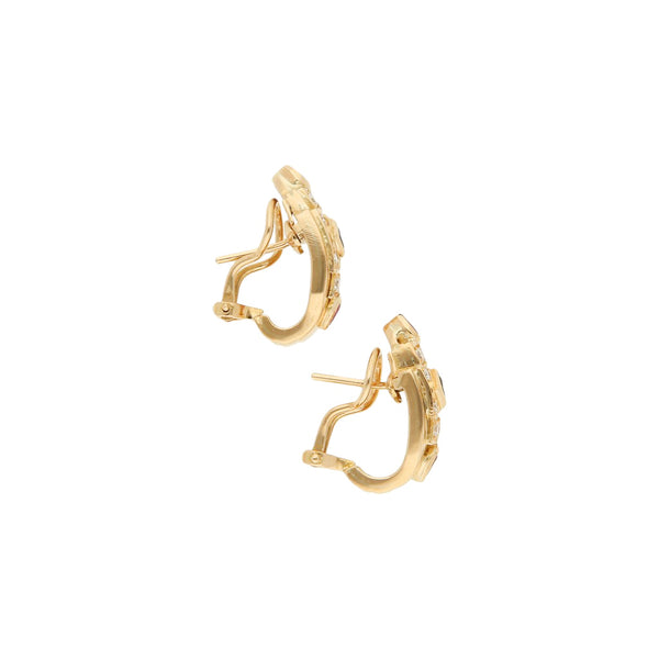 Aretes diseño especial con diamantes, rubíes y zafiros en oro amarillo 16 kilates.