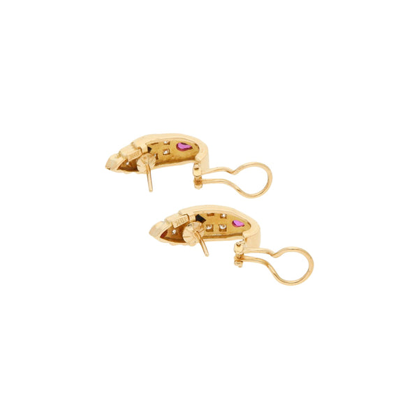 Aretes diseño especial con diamantes, rubíes y zafiros en oro amarillo 16 kilates.