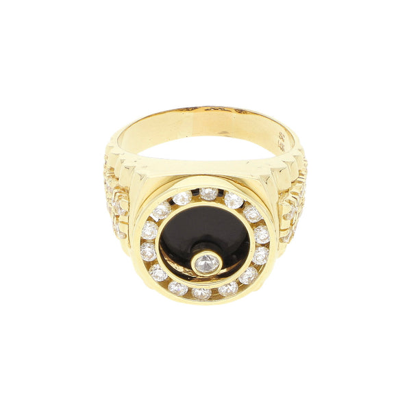 Anillo diseño especial con sintéticos en oro amarillo 14 kilates.