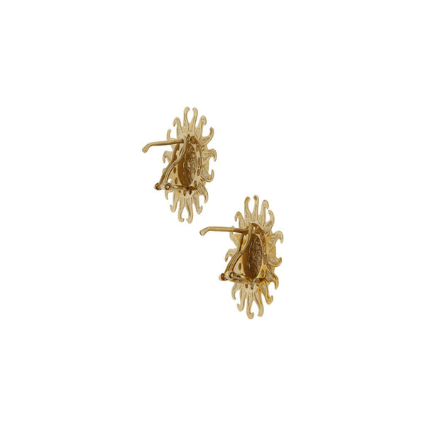 Aretes diseño especial motivo sol con circonias en oro amarillo 14 kilates.