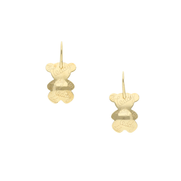Aretes laminados motivo oso en oro amarillo 14 kilates.