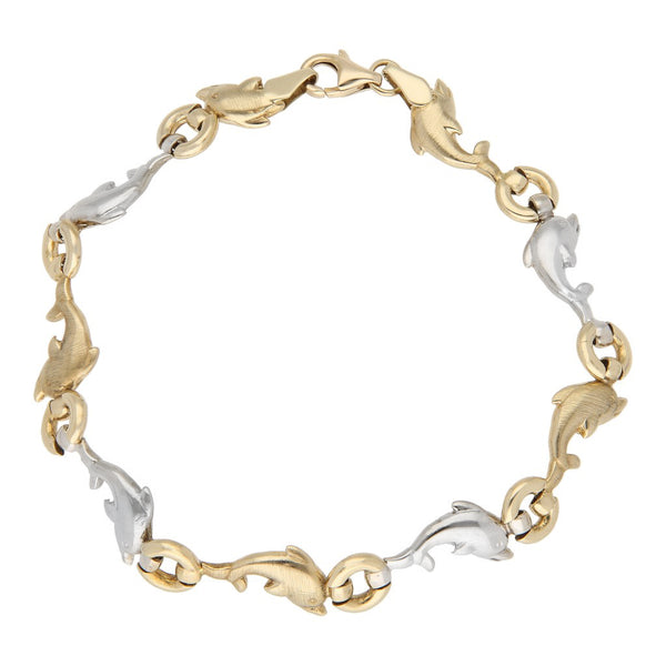Pulsera eslabón articulado con aplicaciones motivo delfín en oro dos tonos 14 kilates.