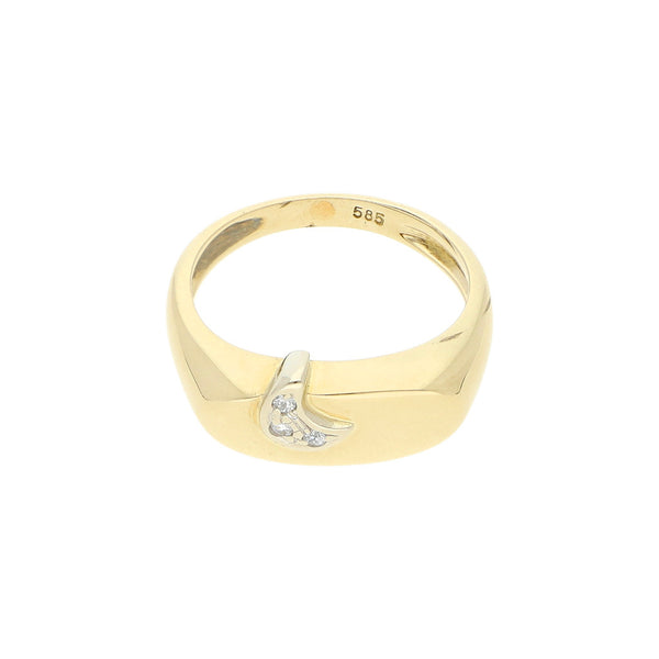 Anillo diseño especial motivo luna con circonias en oro dos tonos 14 kilates.