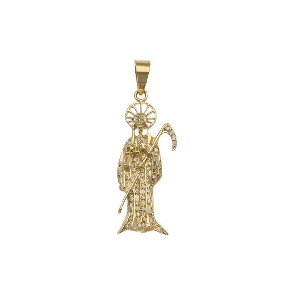 Dije diseño especial motivo santa Muerte con circonias en oro amarillo 14 kilates.