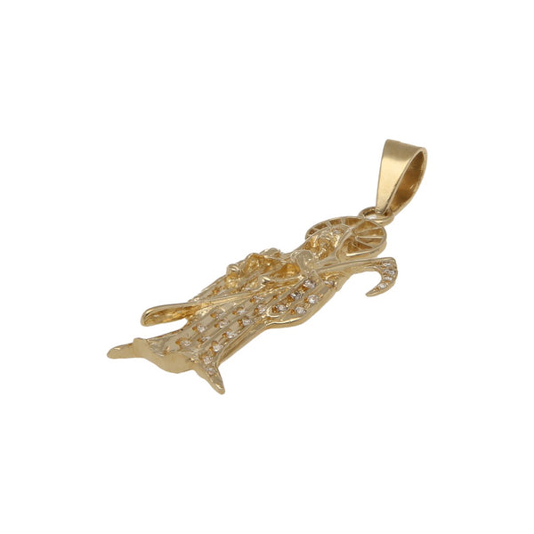 Dije diseño especial motivo santa Muerte con circonias en oro amarillo 14 kilates.