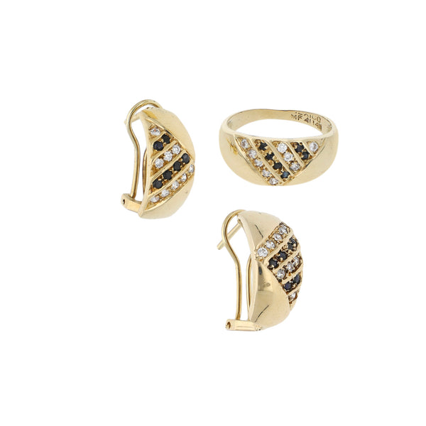 Juego anillo y aretes diseño especial con sintéticos en oro amarillo 14 kilates.