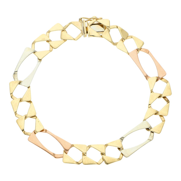 Pulsera eslabón laminado en oro tres tonos 14 kilates.