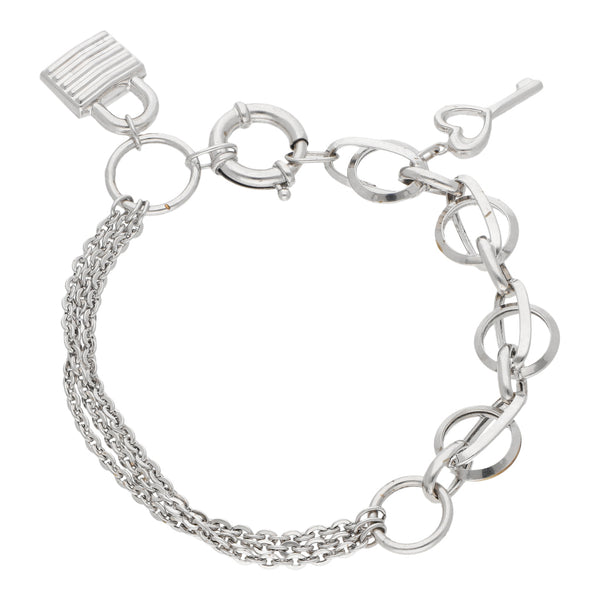Pulsera de tres hilos eslabón cruzado con colgantes motivo candado y llave en oro blanco 14 kilates.