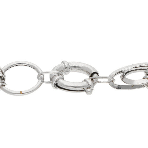 Pulsera de tres hilos eslabón cruzado con colgantes motivo candado y llave en oro blanco 14 kilates.
