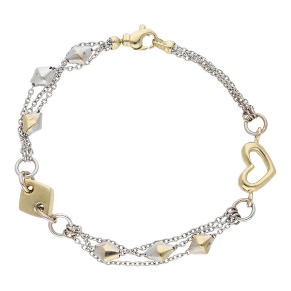 Pulsera de tres hilos eslabón cruzado con aplicaciones de corazón y rombos en oro dos tonos 14 kilates.