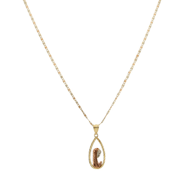 Collar eslabón nudo marino y medalla diseño especial motivo Madonna en oro tres tonos 14 kilates.