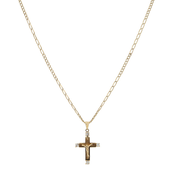 Collar de diez eslabones por siete y crucifijo diseño especial con circonias en oro amarillo 14 kilates.