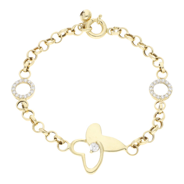 Pulsera eslabón cruzado con aplicación de mariposa y aros con colgante de circonias en oro amarillo 14 kilates.