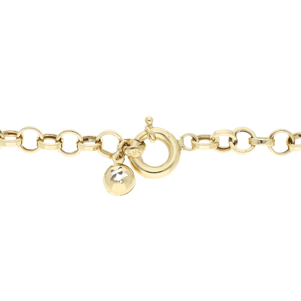 Pulsera eslabón cruzado con aplicación de mariposa y aros con colgante de circonias en oro amarillo 14 kilates.
